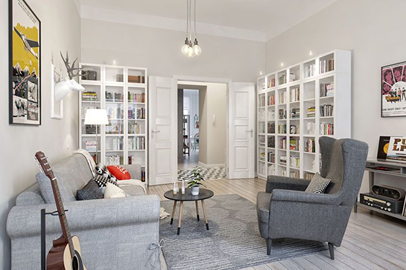 Living room design 20 sq.m. in scandinavian style