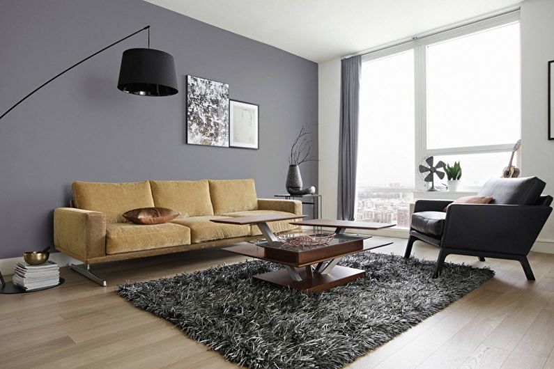 Living room design 20 sq.m. in gray