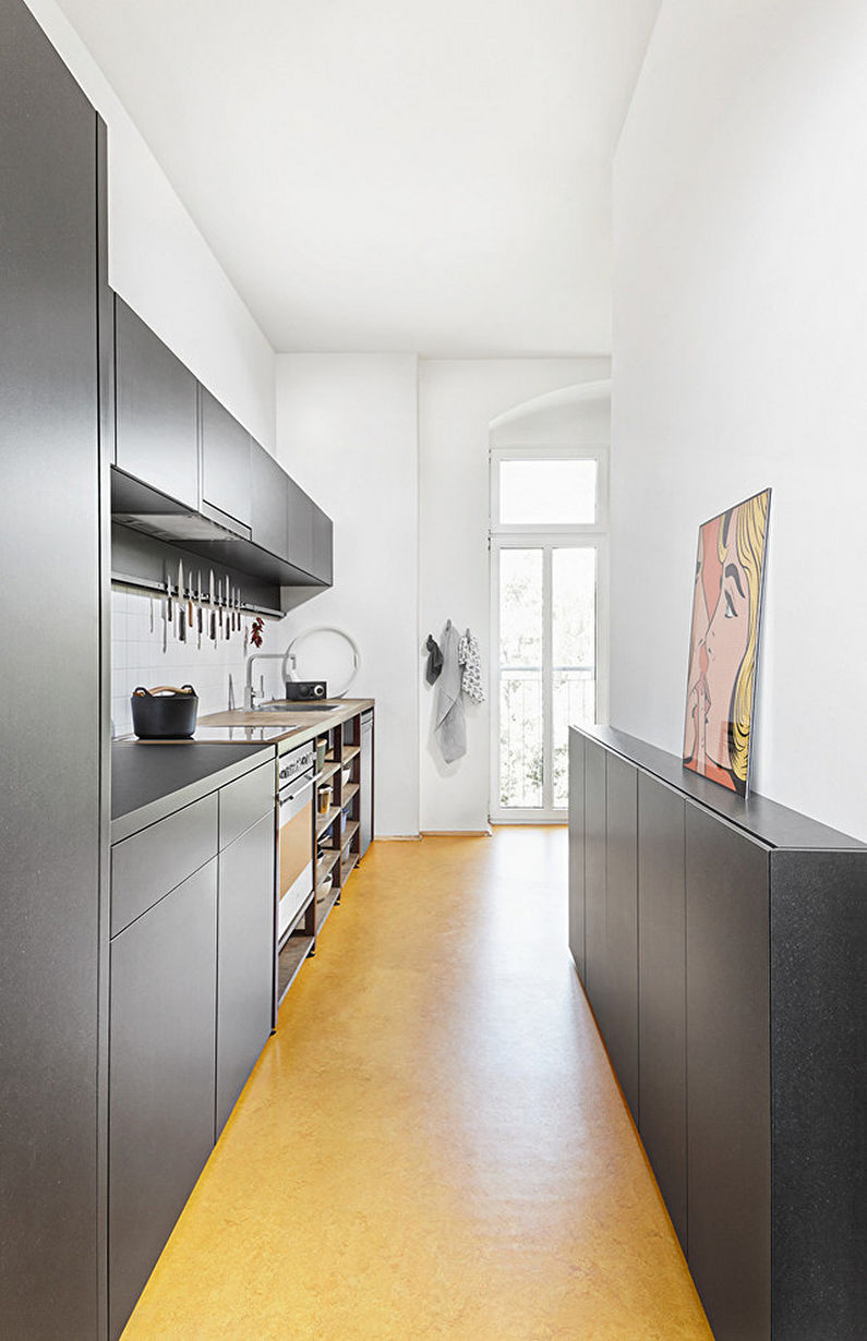 Interior design of a narrow kitchen - photo