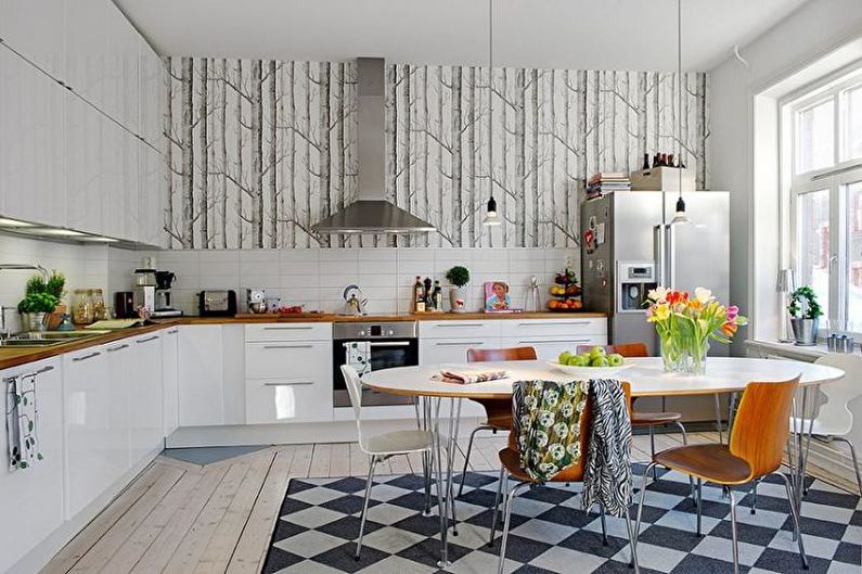 Black and white photo wallpaper in the kitchen