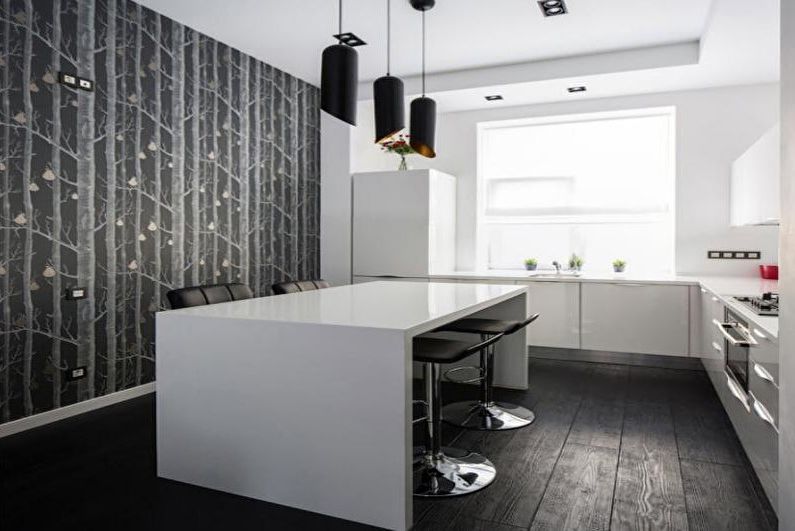 Black and white photo wallpaper in the kitchen