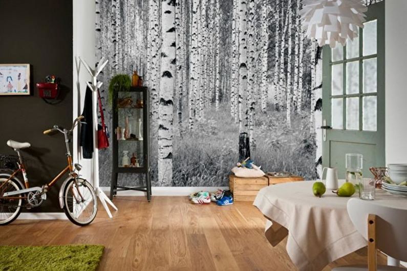 Black and white photo wallpaper in the kitchen