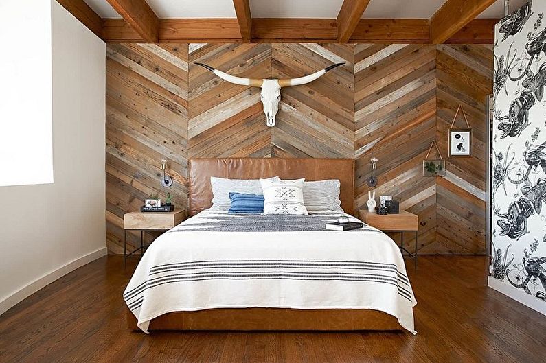 Laminate on the wall in the bedroom interior - photo