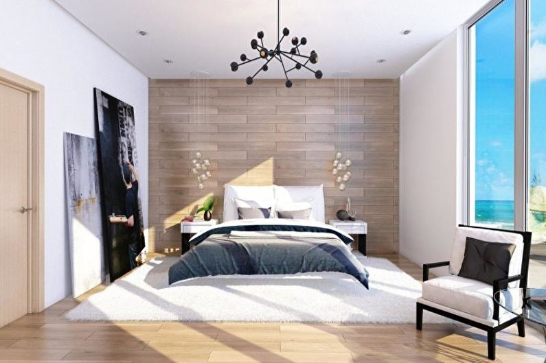 Laminate on the wall in the bedroom interior - photo