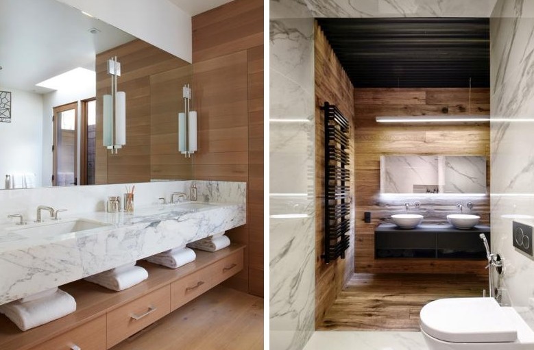 Laminate on the wall in the interior of the bathroom - photo