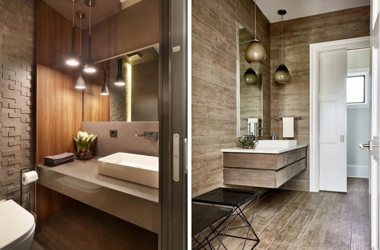 Laminate on the wall in the interior of the bathroom - photo
