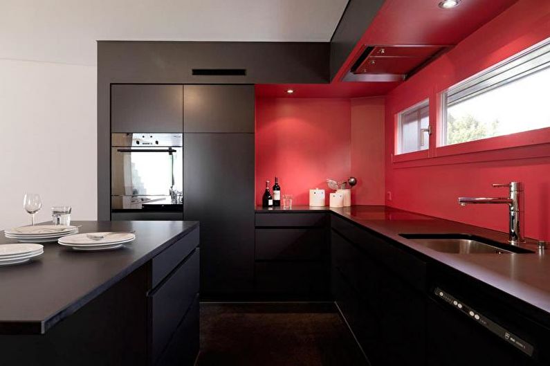 Red and black kitchen in the style of minimalism - Interior Design