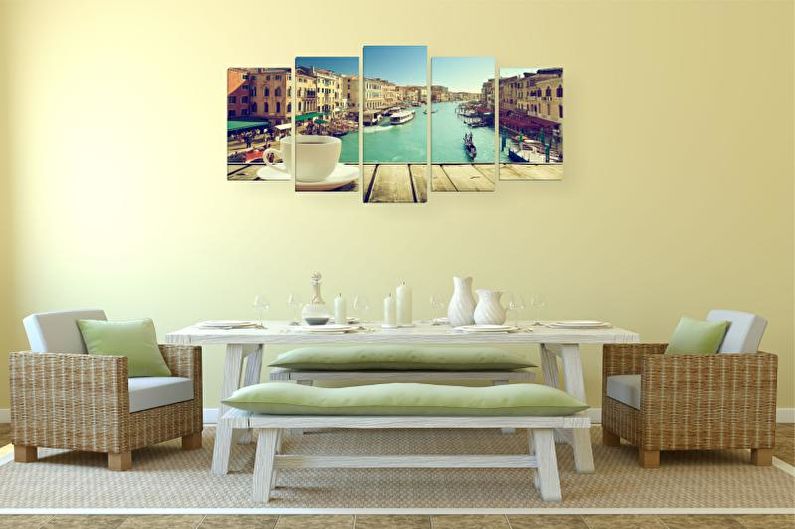 Modular paintings in the interior of the kitchen