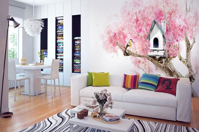 Wall mural in the living room interior - photo