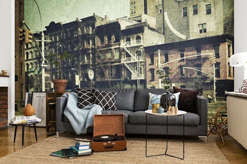 Wall mural in the living room interior - photo