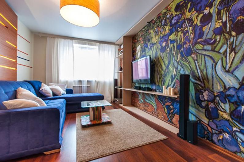 Wall mural in the living room interior - photo
