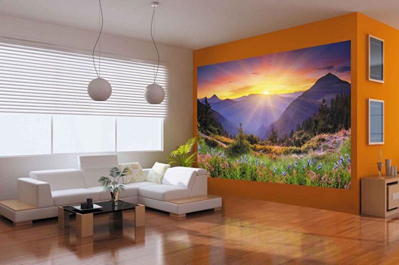 Wall mural in the living room interior - photo