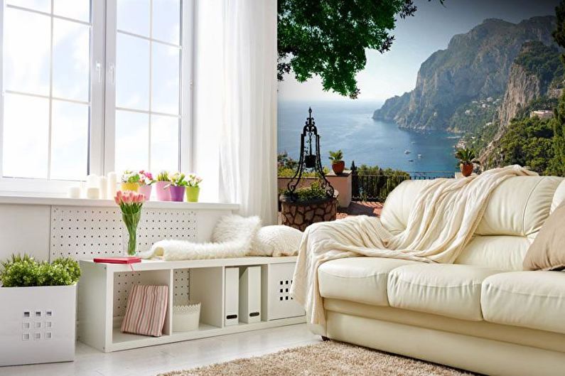 Wall mural in the living room interior - photo