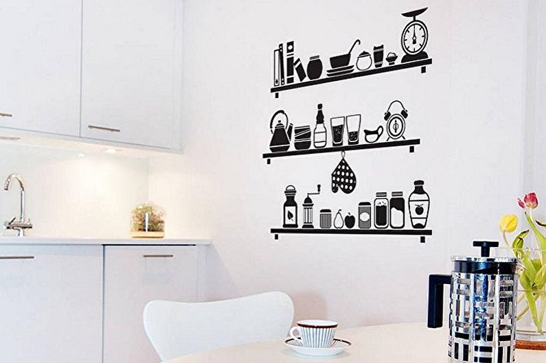 Stickers on the wallpaper in the interior of the kitchen - photo