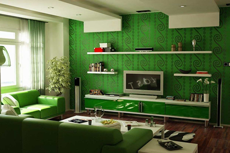 Green color in the interior of the living room - photo