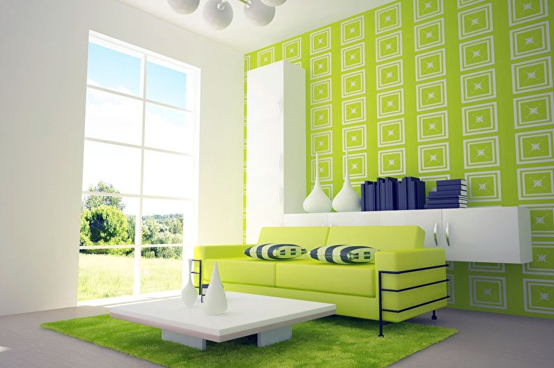 Green color in the interior of the living room - photo