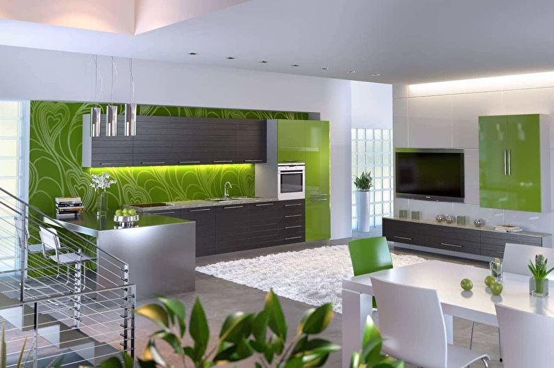 Green color in the interior of the kitchen - photo