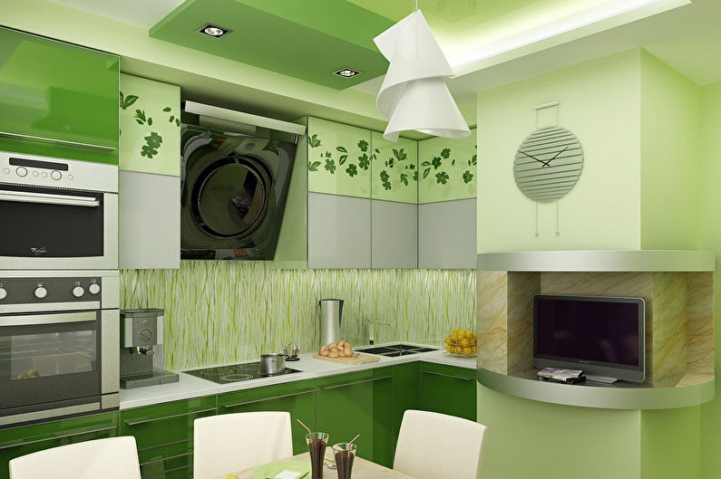 Green color in the interior of the kitchen - photo