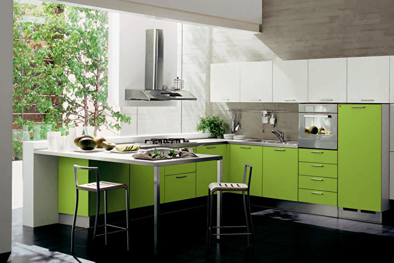 Green color in the interior of the kitchen - photo