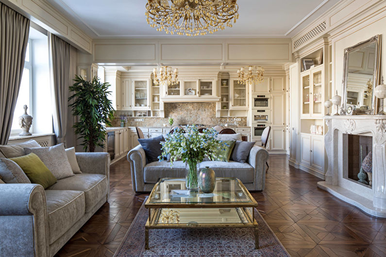 Interior design of a kitchen-living room in a classic style - photo