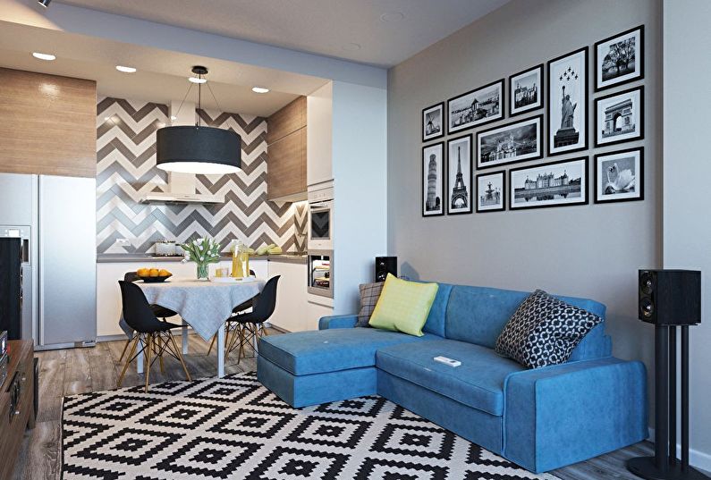 Interior design of a small kitchen-living room in a modern style - photo
