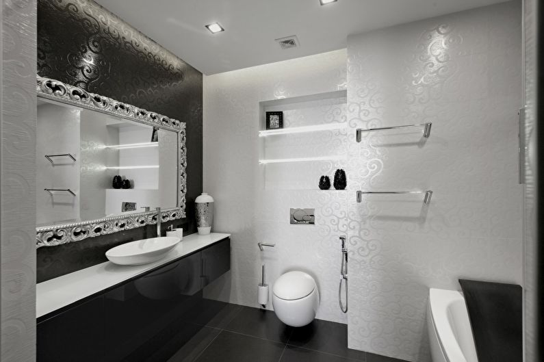 Interior design of a bathroom in black and white - photo