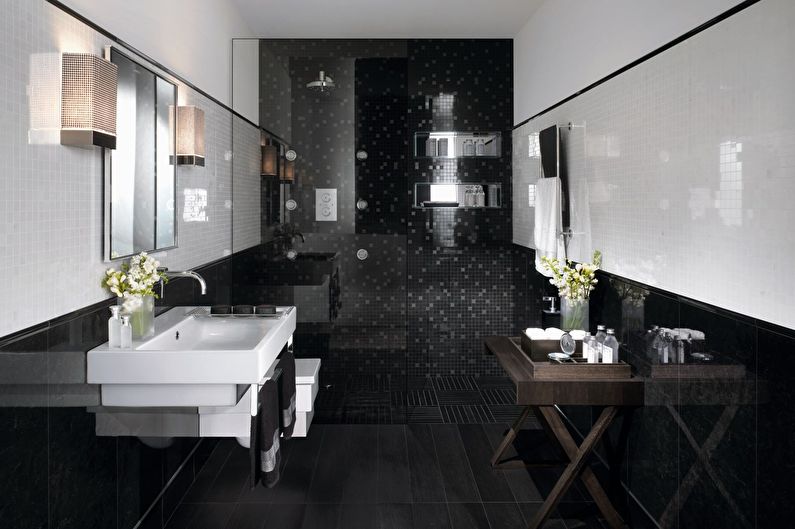 Interior design of a bathroom in black and white - photo