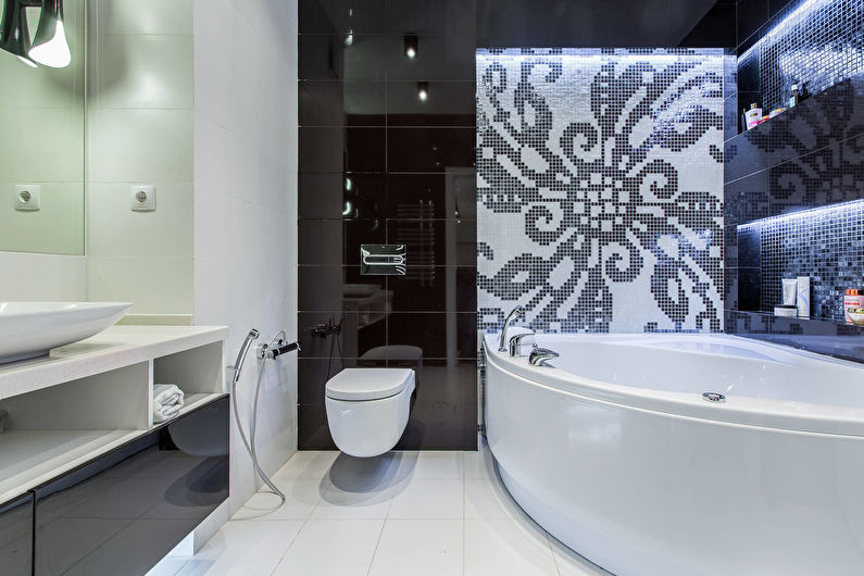 Interior design of a bathroom in black and white - photo