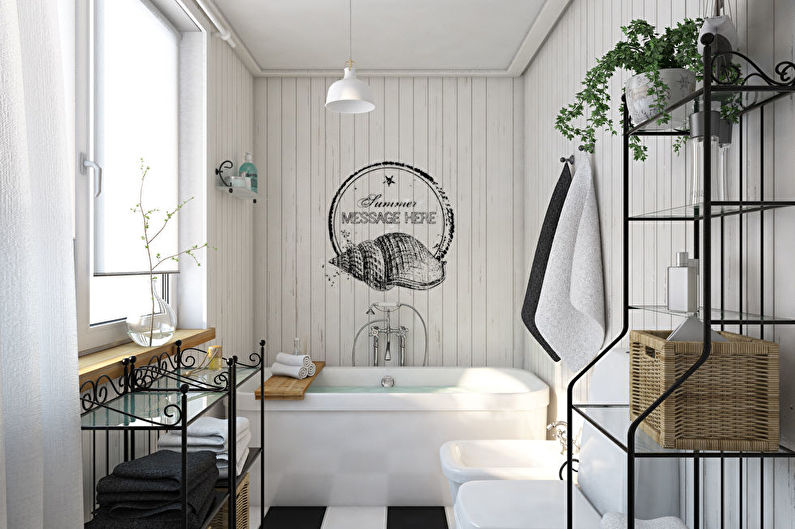 Interior design of a bathroom in black and white - photo