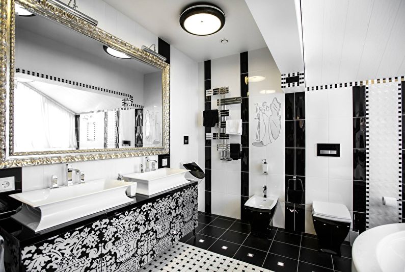 Interior design of a bathroom in black and white - photo