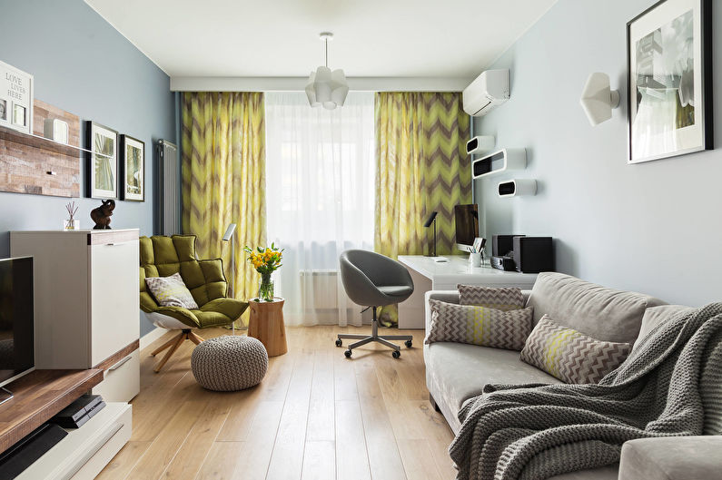 Yellow curtains with a pattern for the living room (hall) - photo