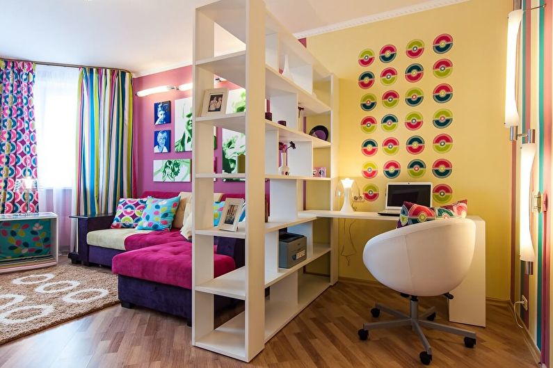 Zoning of the nursery and living room in a studio apartment