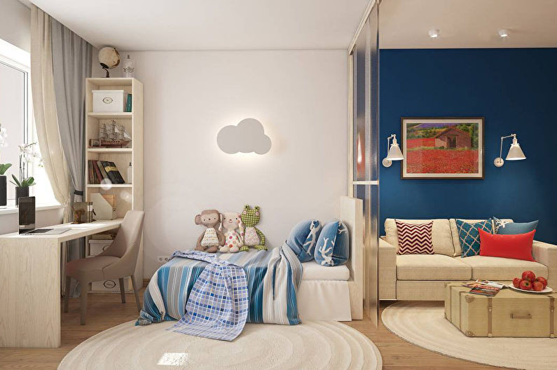 Zoning of the nursery and living room in a studio apartment