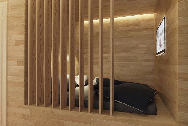 Wooden aesthetics in Moscow - Zoning of a studio apartment