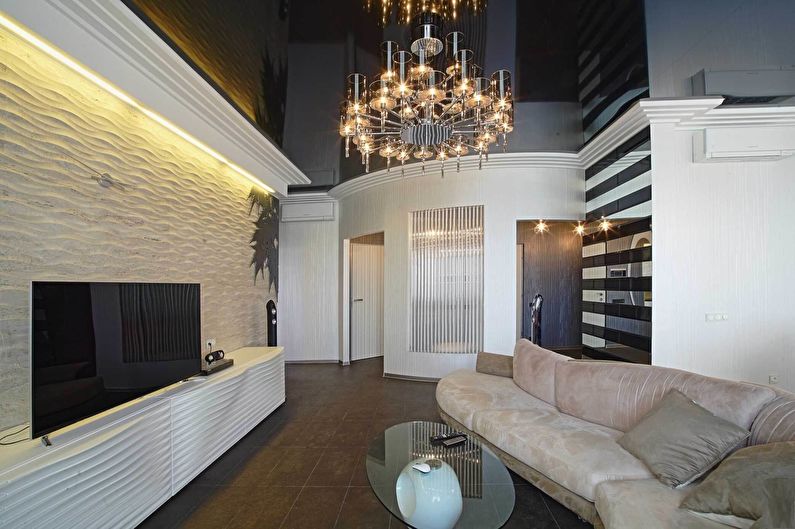 Stretch ceiling for the living room in a modern style