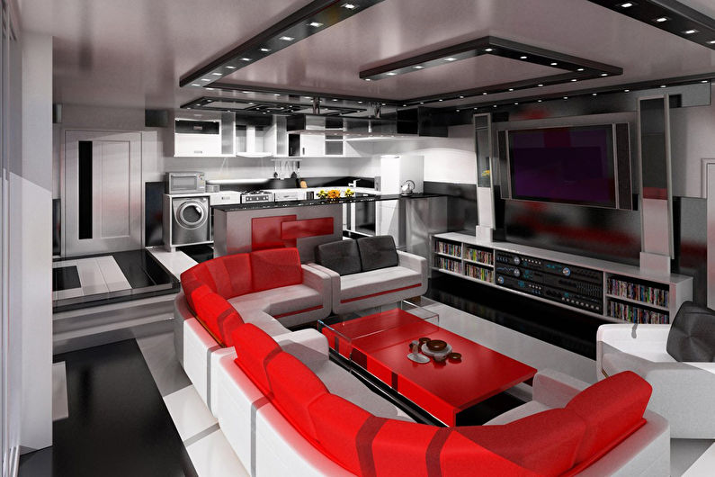 High-tech stretch ceiling for living room