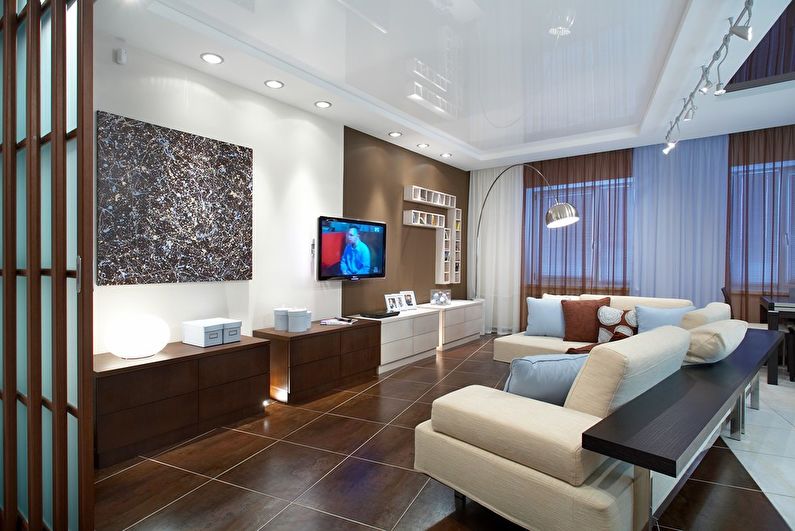 White stretch ceiling in the living room