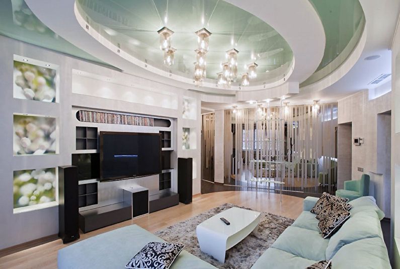 Stretch ceilings in the living room - photo