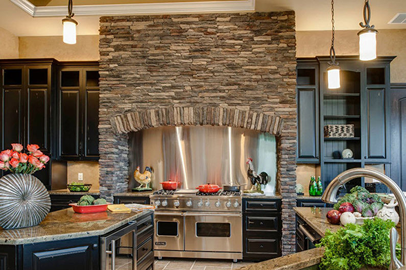 Decorative stone in the interior of the kitchen - photo