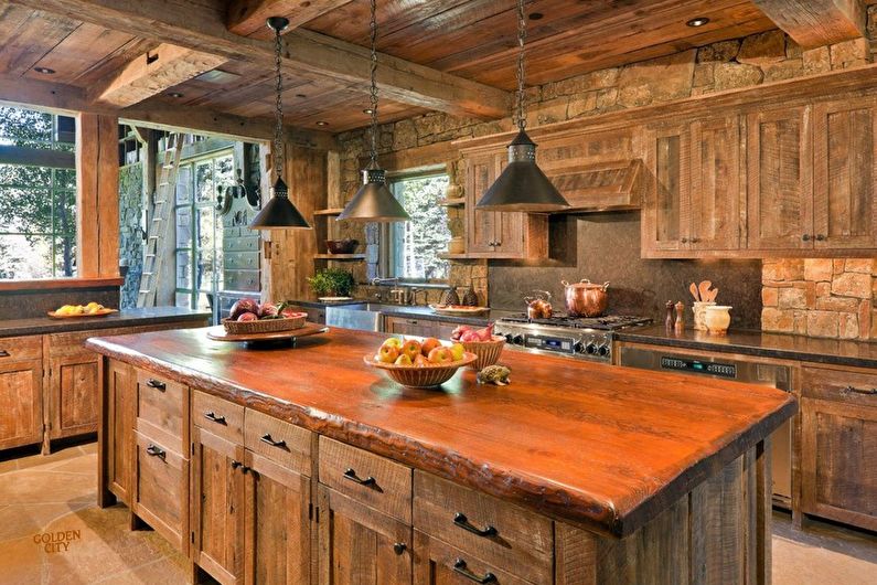 Decorative stone in the interior of the kitchen - photo