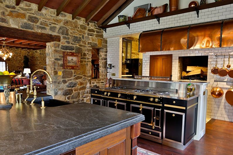 Decorative stone in the interior of the kitchen - photo