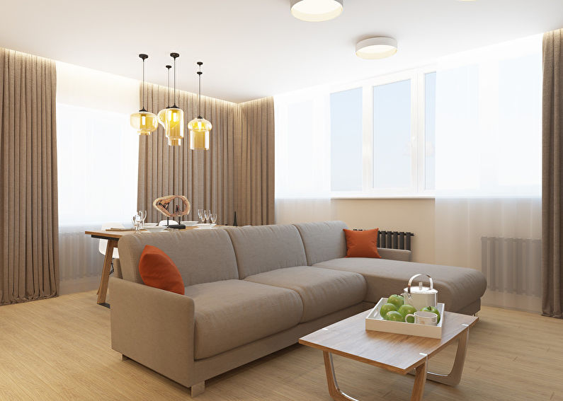The interior of the kitchen-living room in olive colors