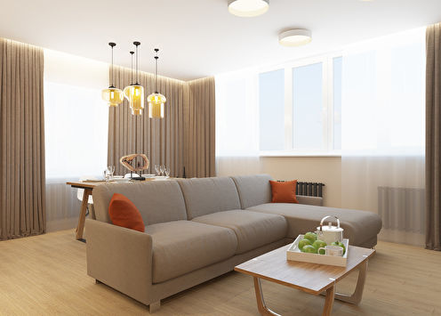 The interior of the kitchen-living room in olive colors