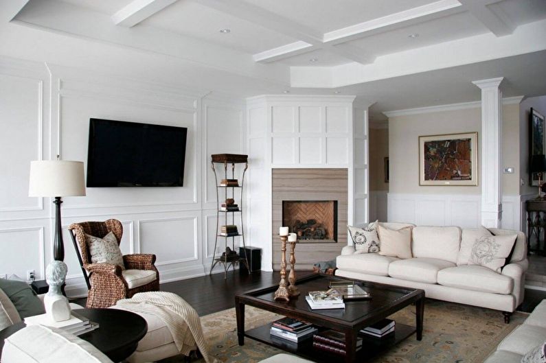 Wall with TV - TV in the living room with fireplace