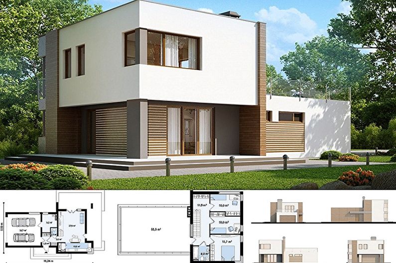 Modern high-tech style house designs - Two-story cottage with a garage