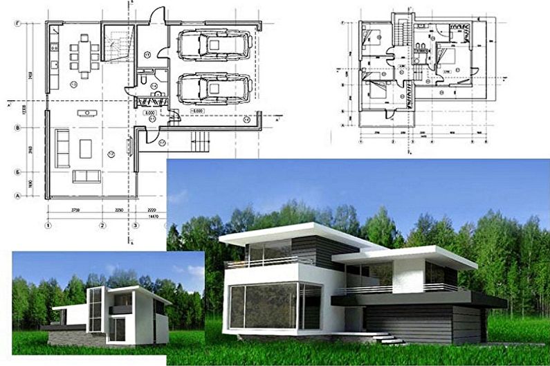 Modern high-tech style house designs - Two-story cottage with a garage