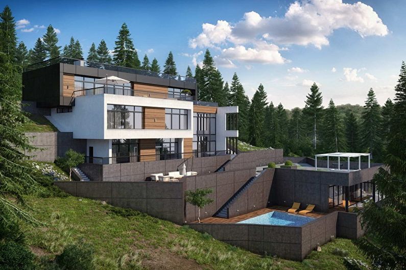 Modern house designs in high-tech style - Luxury house on the slope