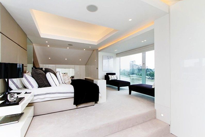 Two-level plasterboard ceiling in the bedroom