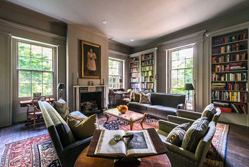 Interior design of the living room in the neoclassical style - photo