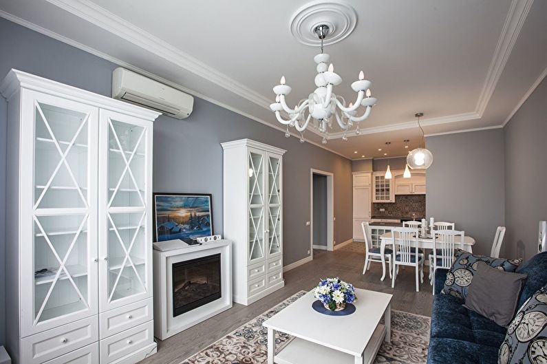 Two-level plasterboard ceiling in the living room